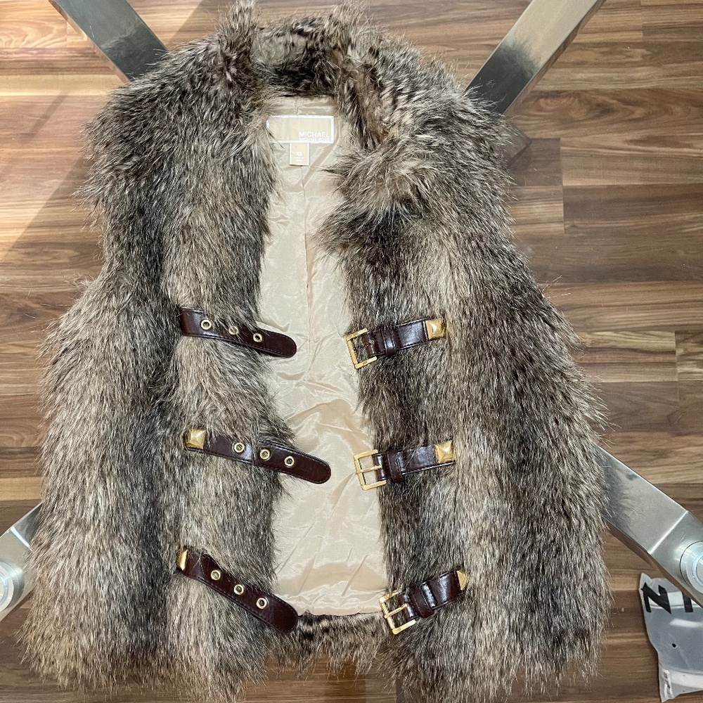 Michael Kors Faux Fur Vest, Size XS, Tricolored, Studded Buckle Straps